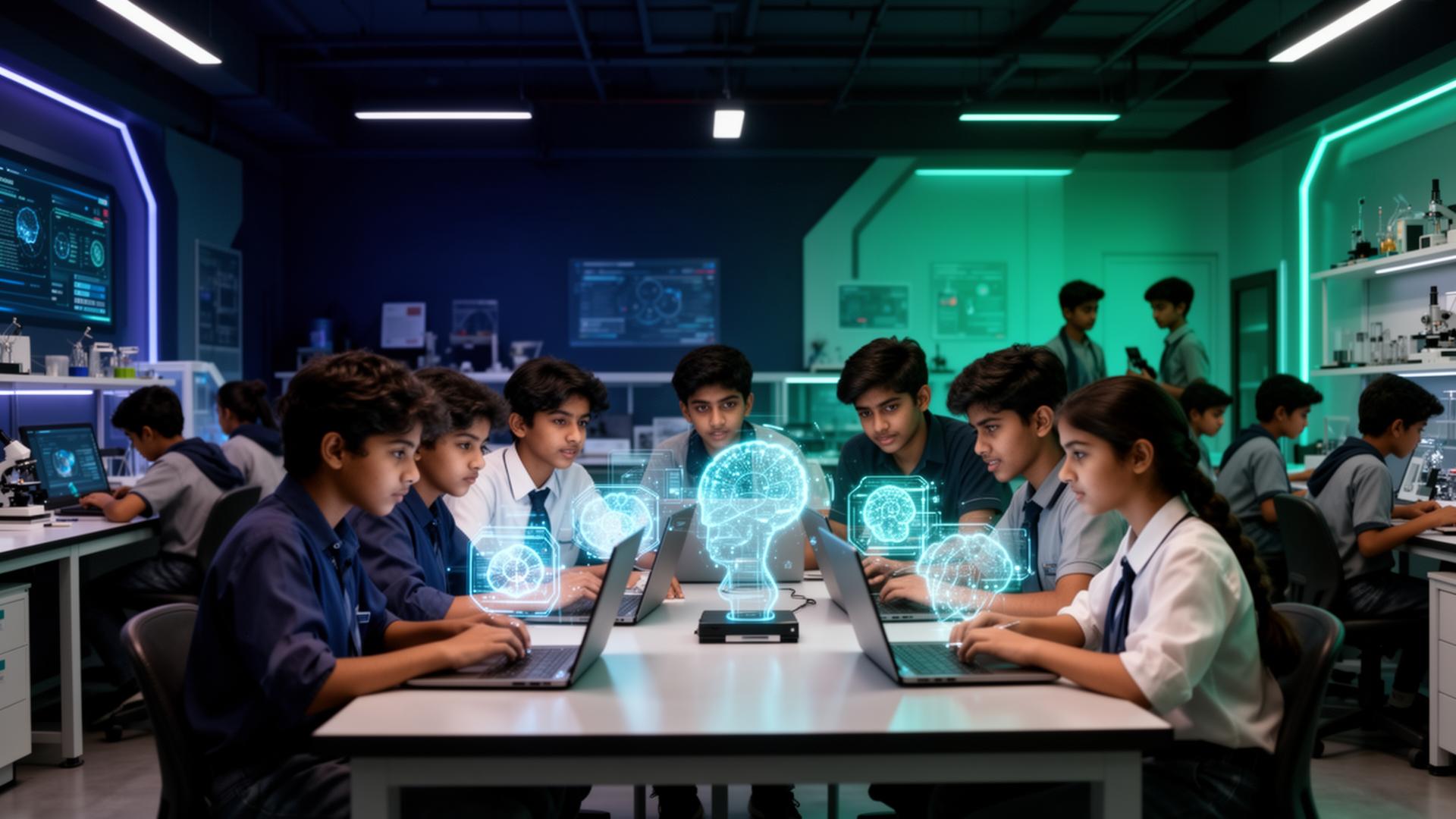 Students collaborating in an AI innovation lab